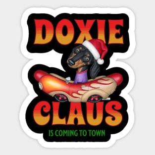 Cute Doxie Dog in classic car on  Claus Dachshund is coming to Town Sticker